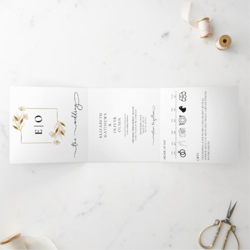 Traditional Modern Classic  Black White Wedding  Tri_Fold Invitation