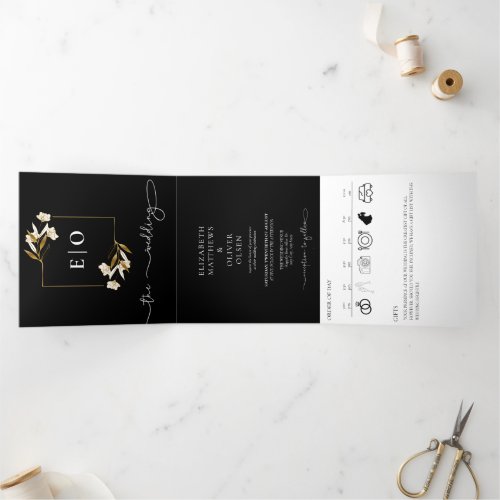 Traditional Modern Classic  Black White Wedding  Tri_Fold Invitation