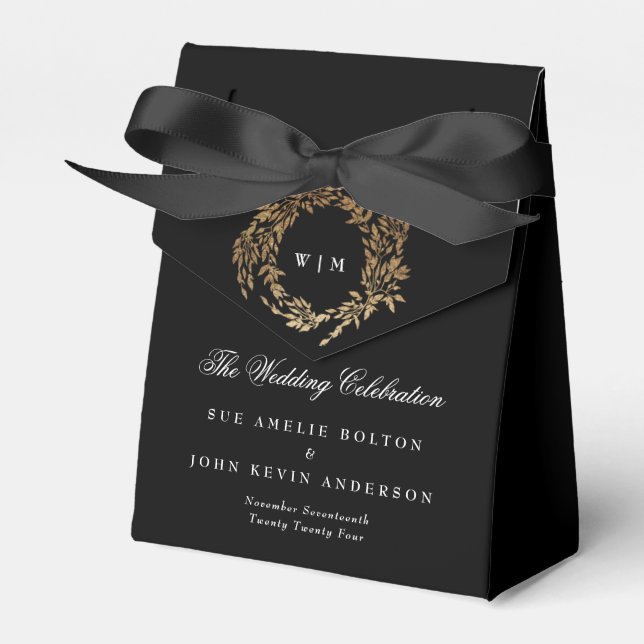 Traditional Monogram Black Crest Classic Wedding Favor Boxes (Front Side)