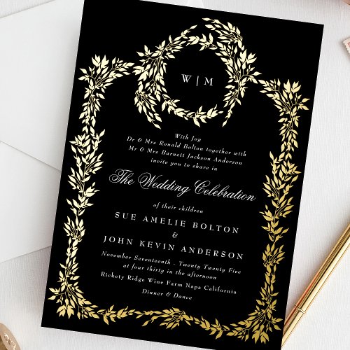 Traditional Monogram Black Crest Classic Wedding Foil Invitation