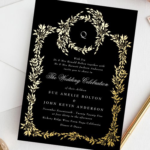 Traditional Monogram Black Crest Classic Wedding Foil Invitation
