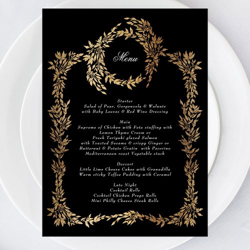 Traditional Monogram Black Crest Classic Wedding Menu