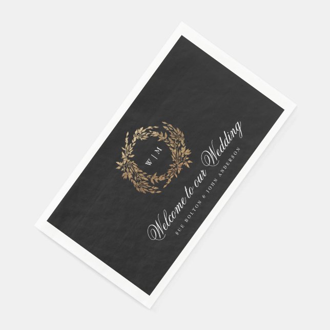 Traditional Monogram Black Crest Classic Wedding Paper Guest Towels (Corner)