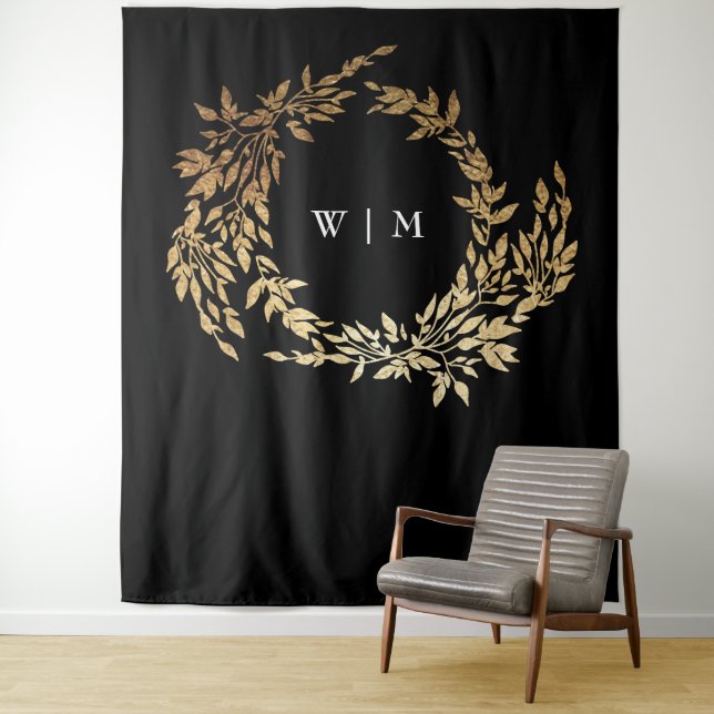 Traditional Monogram Black Crest Classic Wedding Tapestry (In Situ)