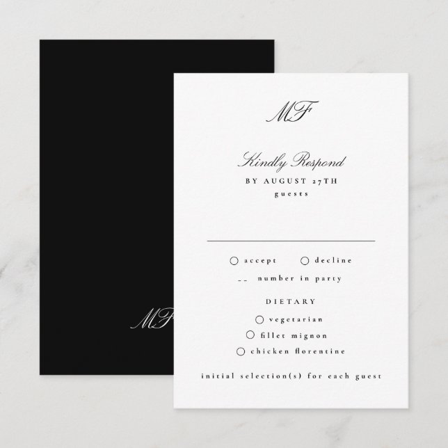 Traditional Monogram Classic Black White Wedding RSVP Card (Front/Back)