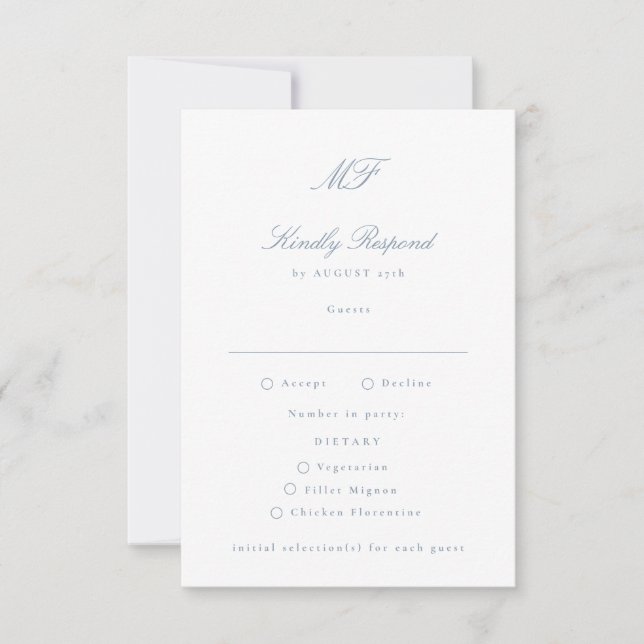 Traditional Monogram Classic Dusty Blue Wedding RSVP Card (Front)