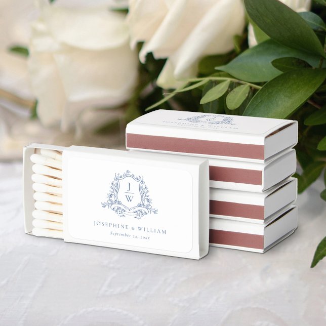 Traditional Monogram Crest Blue Elegant Wedding Matchboxes (Creator Uploaded)