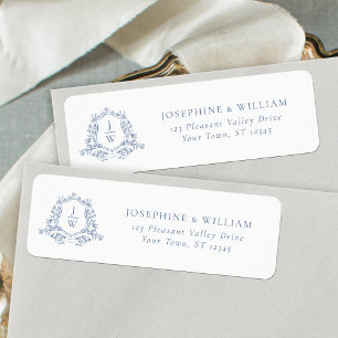 Traditional Monogram Crest Blue Wedding Address Label