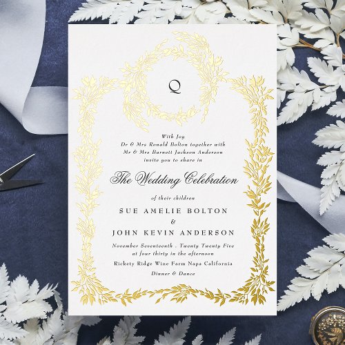 traditional Monogram Crest Classic Elegant Wedding Foil Invitation