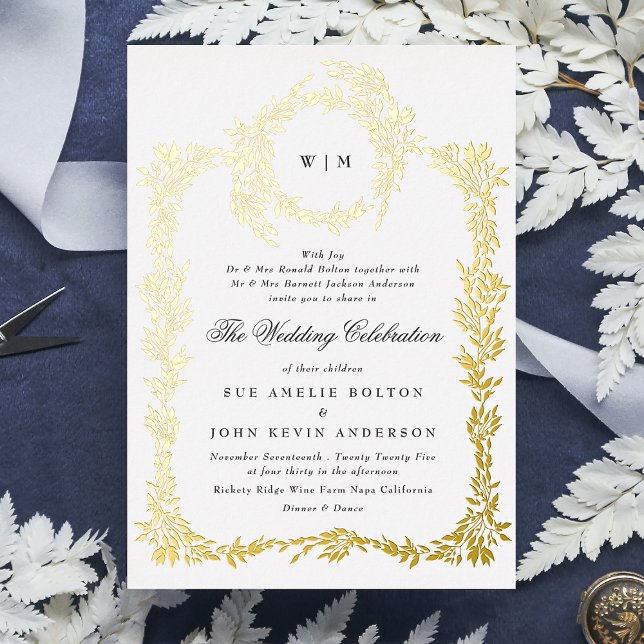 traditional Monogram Crest Classic Wedding Gold Foil Invitation (Creator Uploaded)