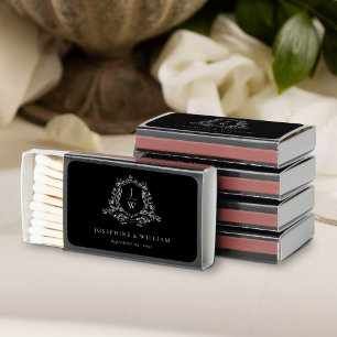 Traditional Monogram Crest Floral Black Wedding Matchboxes