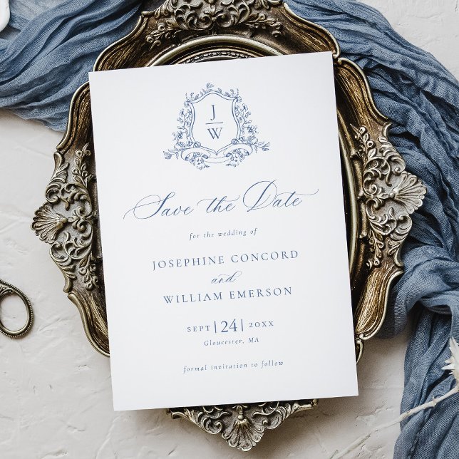 Traditional Monogram Crest Floral Blue Wedding Save The Date (Creator Uploaded)