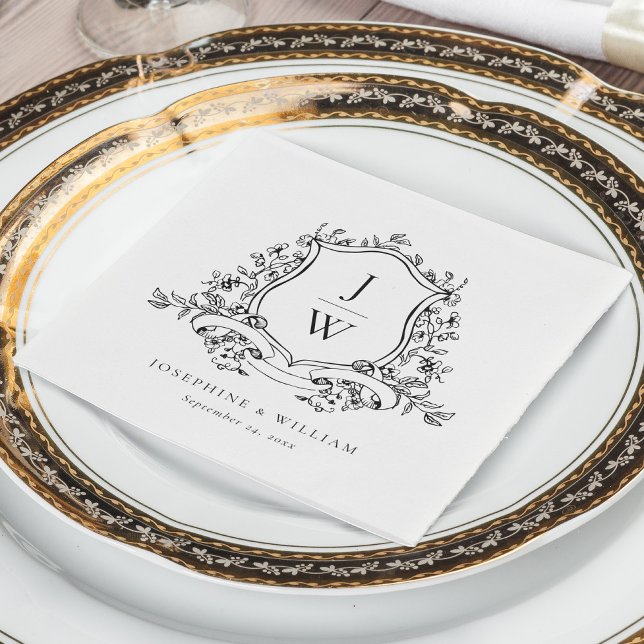 Traditional Monogram Crest Floral Elegant Wedding Napkins (Creator Uploaded)