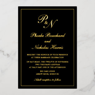 Traditional Monogram Formal Black Wedding Gold Foil Invitation