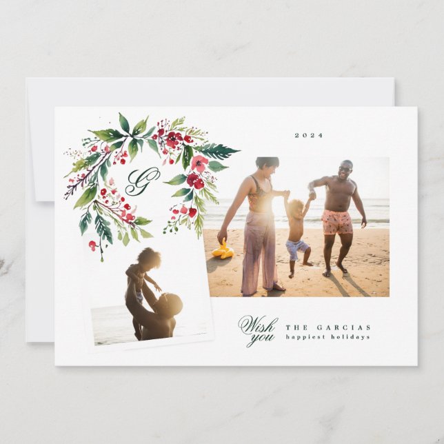 Traditional Monogram Green Wreath 2 photo collage Holiday Card (Front)