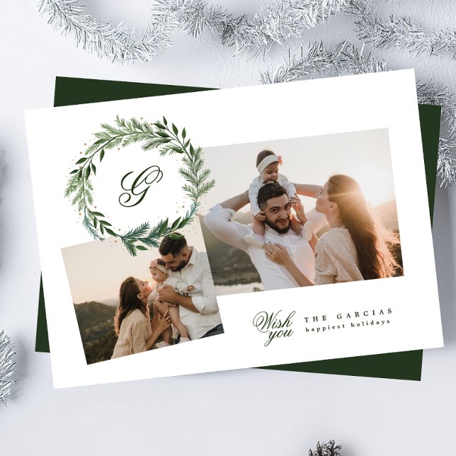 Traditional Monogram Green Wreath 2+ photo collage Holiday Card (Creator Uploaded)
