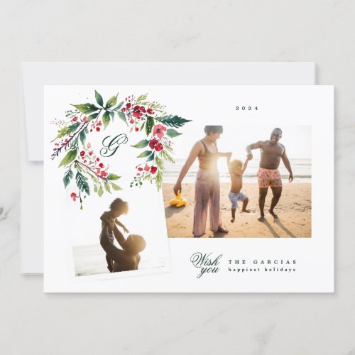 Traditional Monogram Green Wreath photo collage Holiday Card