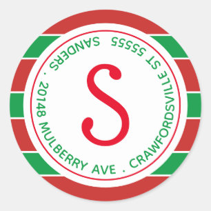 Traditional Monogram Stripes Return Address Classic Round Sticker