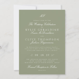 Traditional Monogram White Sage Green Wedding Invitation