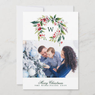 traditional monogram wreath one photo christmas holiday card