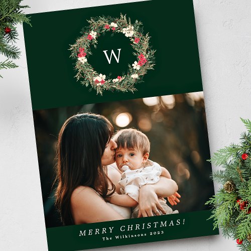 traditional monogram wreath one photo christmas holiday card