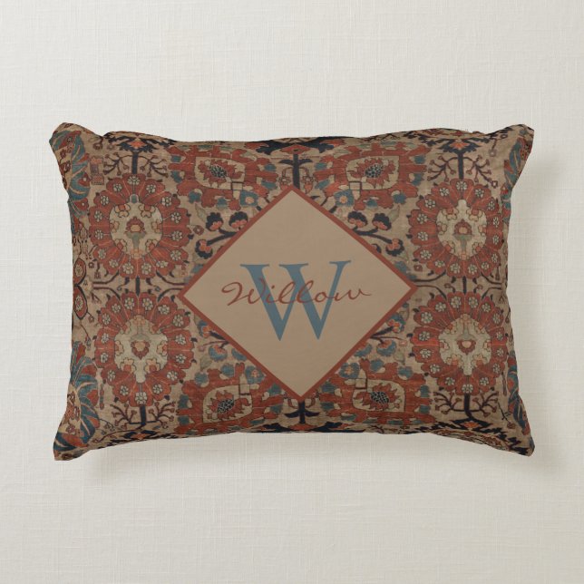 Traditional Monogrammed Oriental Persian Pattern Accent Pillow (Front)