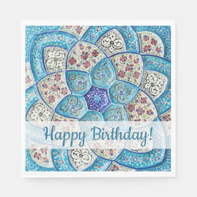 Traditional Moroccan turquoise Blue Happy Birtday Napkins (Front)