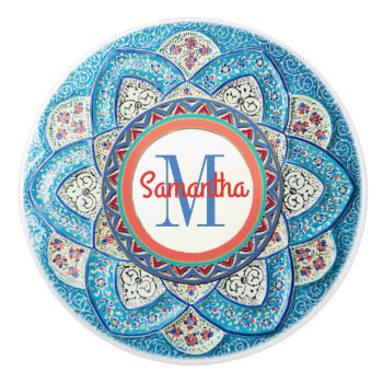 Traditional Moroccan Turquoise Blue Monogrammed Ceramic Knob by storechichi at Zazzle