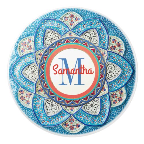 Traditional Moroccan Turquoise Blue Monogrammed Ceramic Knob