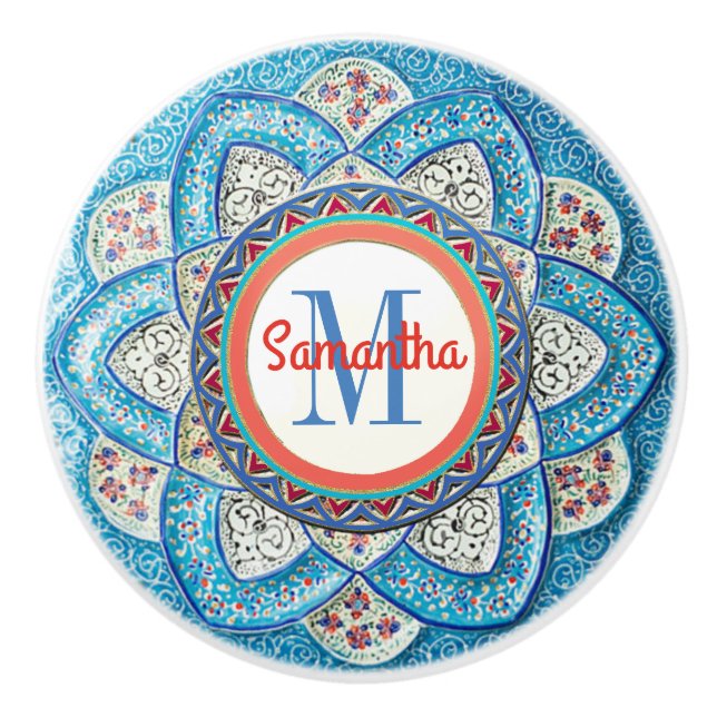 Traditional Moroccan Turquoise Blue Monogrammed Ceramic Knob (Front)