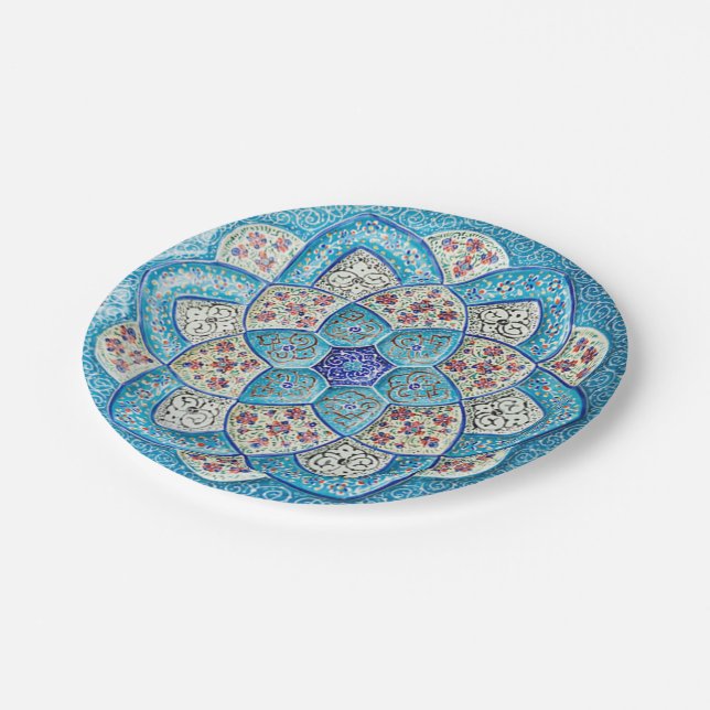 Traditional Moroccan turquoise Blue, white, salmon Paper Plates (Angled)
