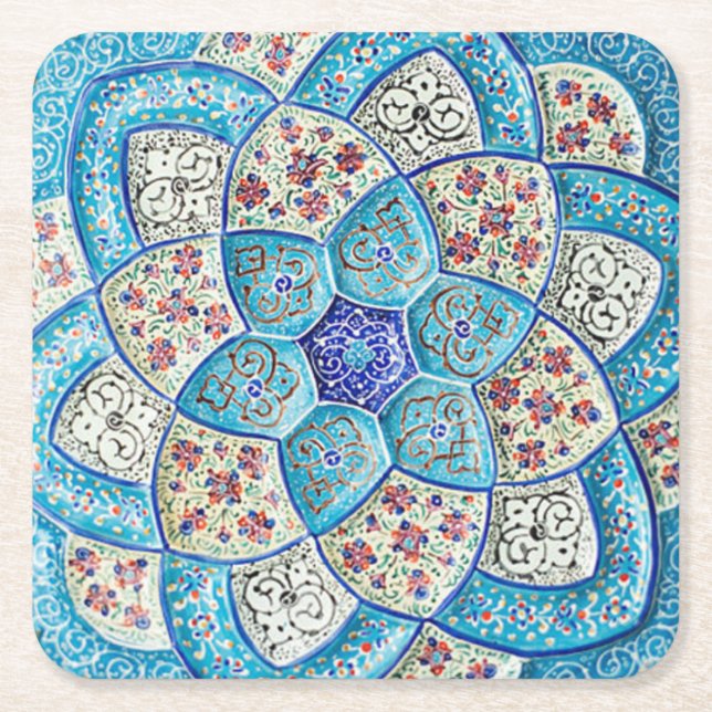 Traditional Moroccan turquoise Blue, white, salmon Square Paper Coaster (Front)
