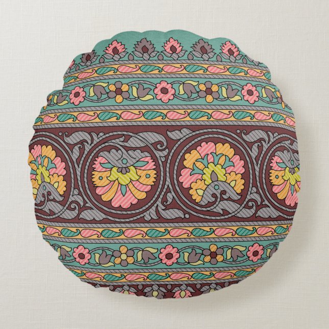 Traditional Mughal Border art,pattern,flower,geome Round Pillow (Front)
