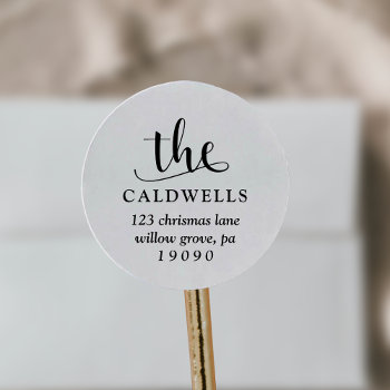 Traditional Name Calligraphy White Return Address Classic Round Sticker by ChristmasPaperCo at Zazzle