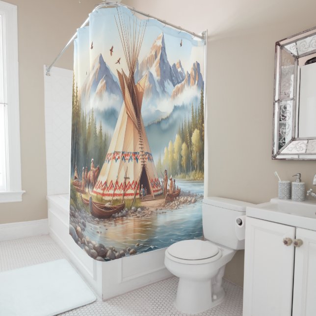 Traditional Native Indian Teepee Nature Scene Digi Shower Curtain (In Situ)