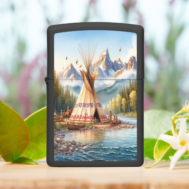 Traditional Native Indian Teepee Nature Scene Digi Zippo Lighter (On Table)