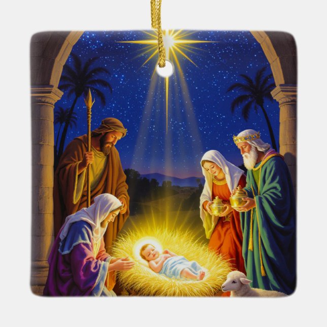 Traditional Nativity Holy Family Ceramic Ornament (Front)