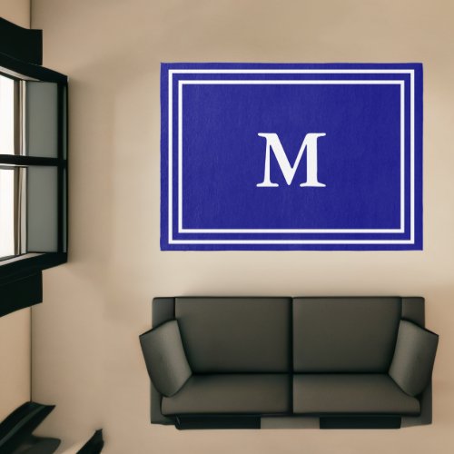 Traditional Navy Blue and White Monogram Rug