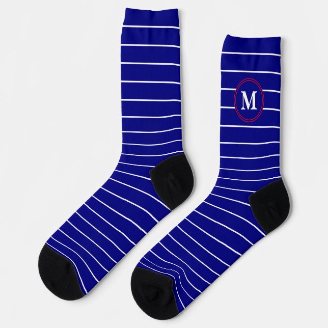Traditional Navy Blue and White Stripes Monogram Socks (Left)
