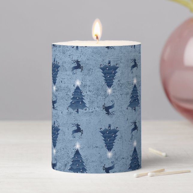Traditional Navy Blue Christmas Trees & Reindeer Pillar Candle (In Situ)