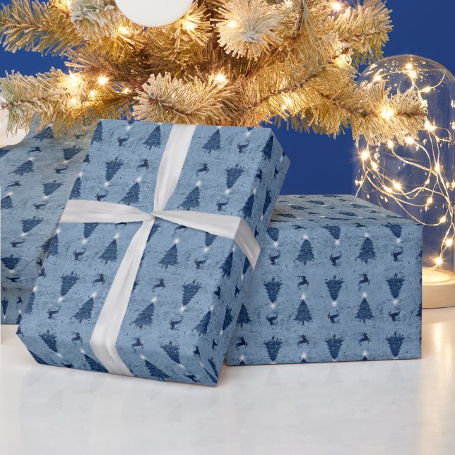 Traditional Navy Blue Christmas Trees & Reindeer Wrapping Paper (Holidays)