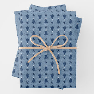 Traditional Navy Blue Christmas Trees & Reindeer Wrapping Paper Sheets