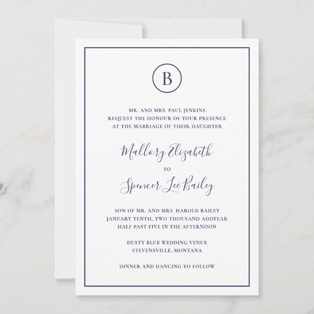 Traditional Navy Blue Elegant All In One Wedding Invitation (Front)