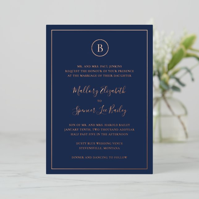 Traditional Navy Blue Elegant Wedding Foil Invitation (Standing Front)