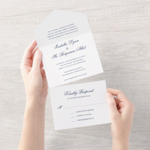 Traditional Navy Blue Formal Elegant Wedding All In One Invitation