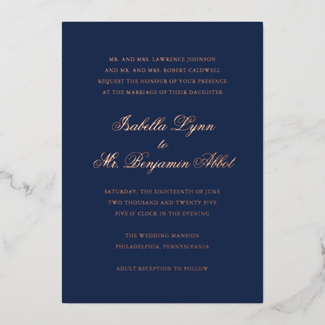 Traditional Navy Blue Formal Elegant Wedding Foil Invitation (Front)