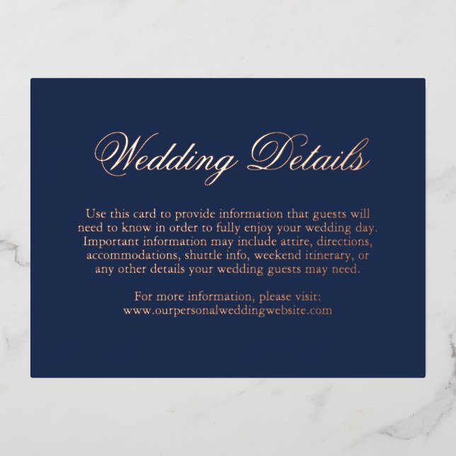 Traditional Navy Blue Formal Elegant Wedding Foil Invitation Postcard (Front)
