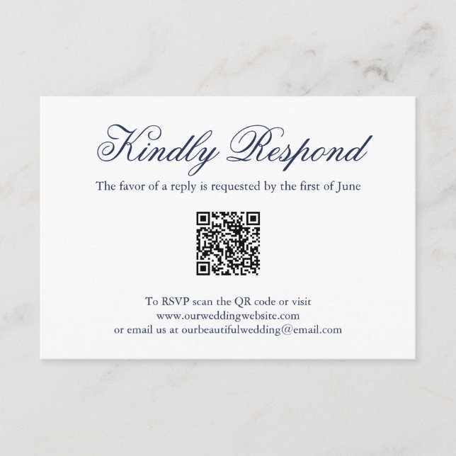 Traditional Navy Blue Formal QR Code Wedding RSVP Card (Front)