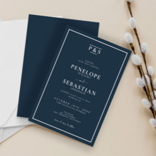 Traditional Navy Blue Minimalist Monogram Wedding Invitation