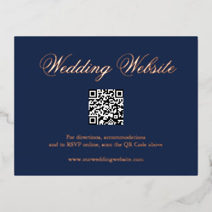 Traditional Navy Blue QR Code Wedding Enclosure Foil Invitation Postcard